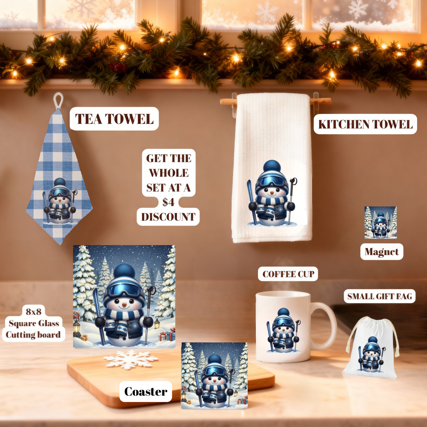 Cozy Snowman Christmas Kitchen Gift Set – Towels, 8x8 Glass Board, Mug, Magnet, Gift Bag & Coaster Set of 4