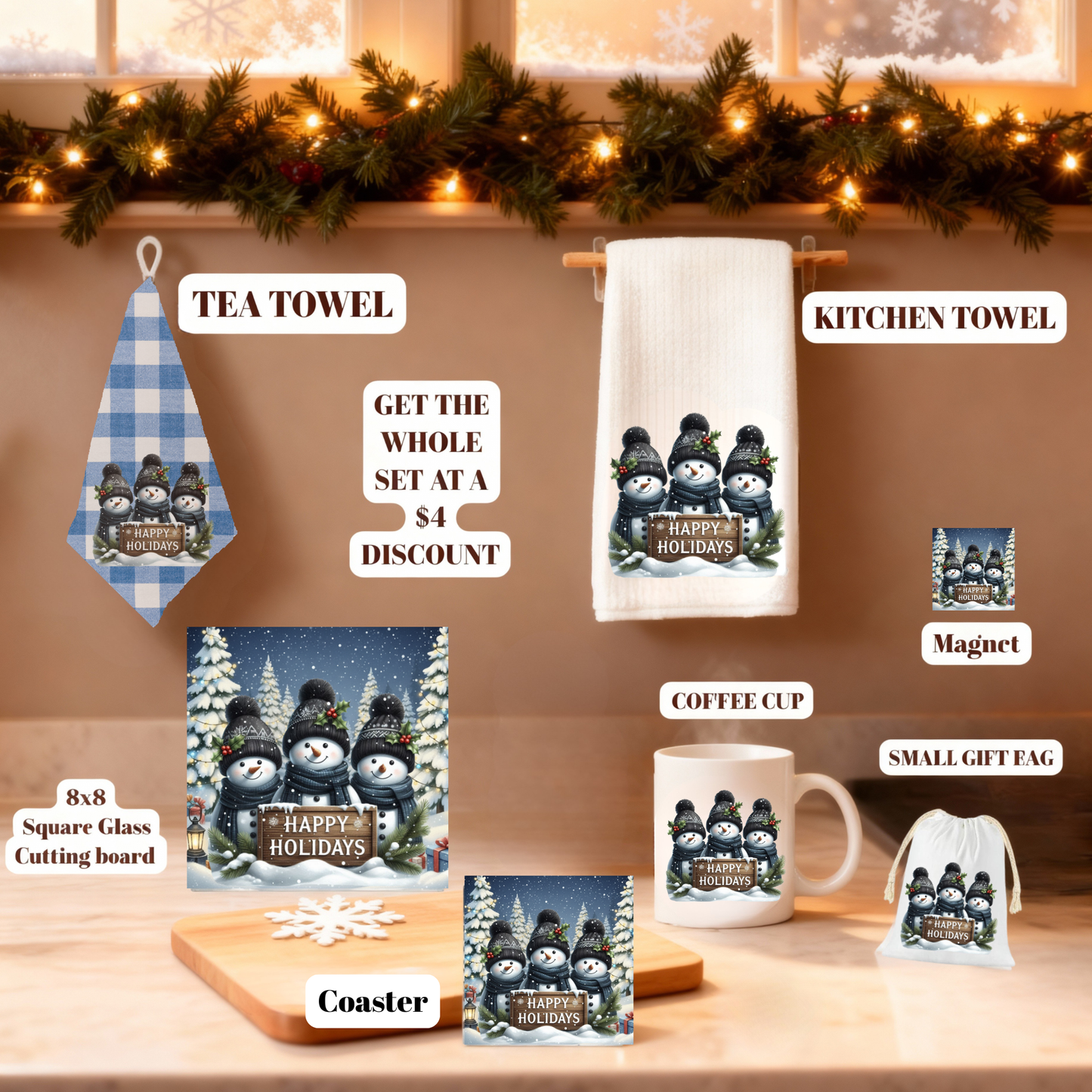 Cozy Snowman Christmas Kitchen Gift Set – Towels, 8x8 Glass Board, Mug, Magnet, Gift Bag & Coaster Set of 4