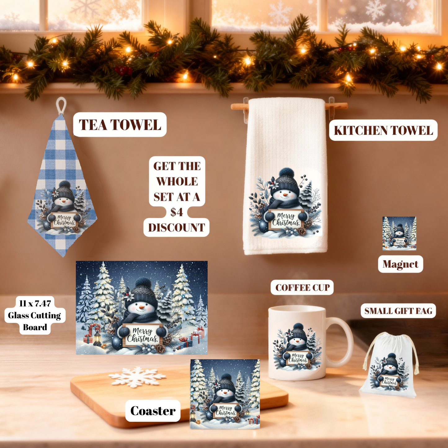 Frosty Friends Holiday Glass Cutting Board Set – 11x7.87 & 8x8 (Square or Round) + Matching Coaster Set of 4