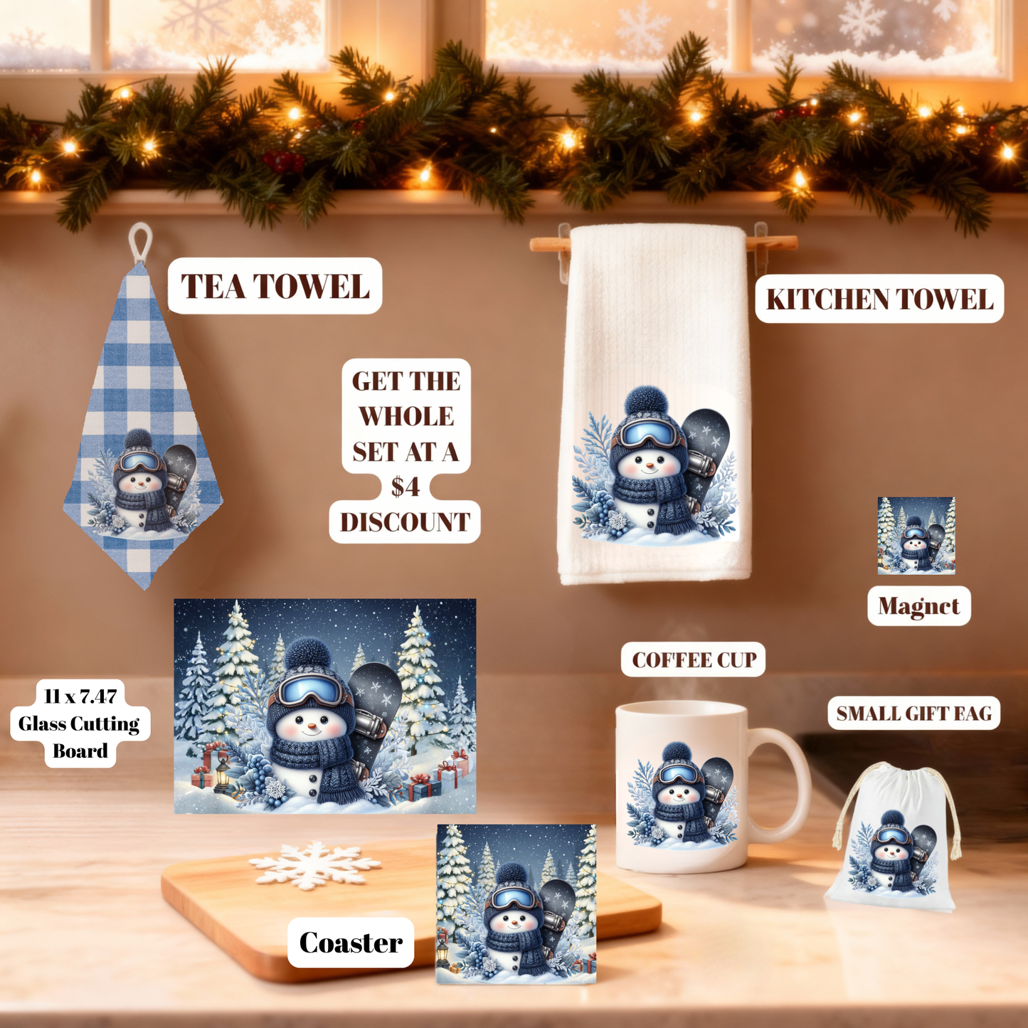 Frosty Friends Holiday Glass Cutting Board Set – 11x7.87 & 8x8 (Square or Round) + Matching Coaster Set of 4
