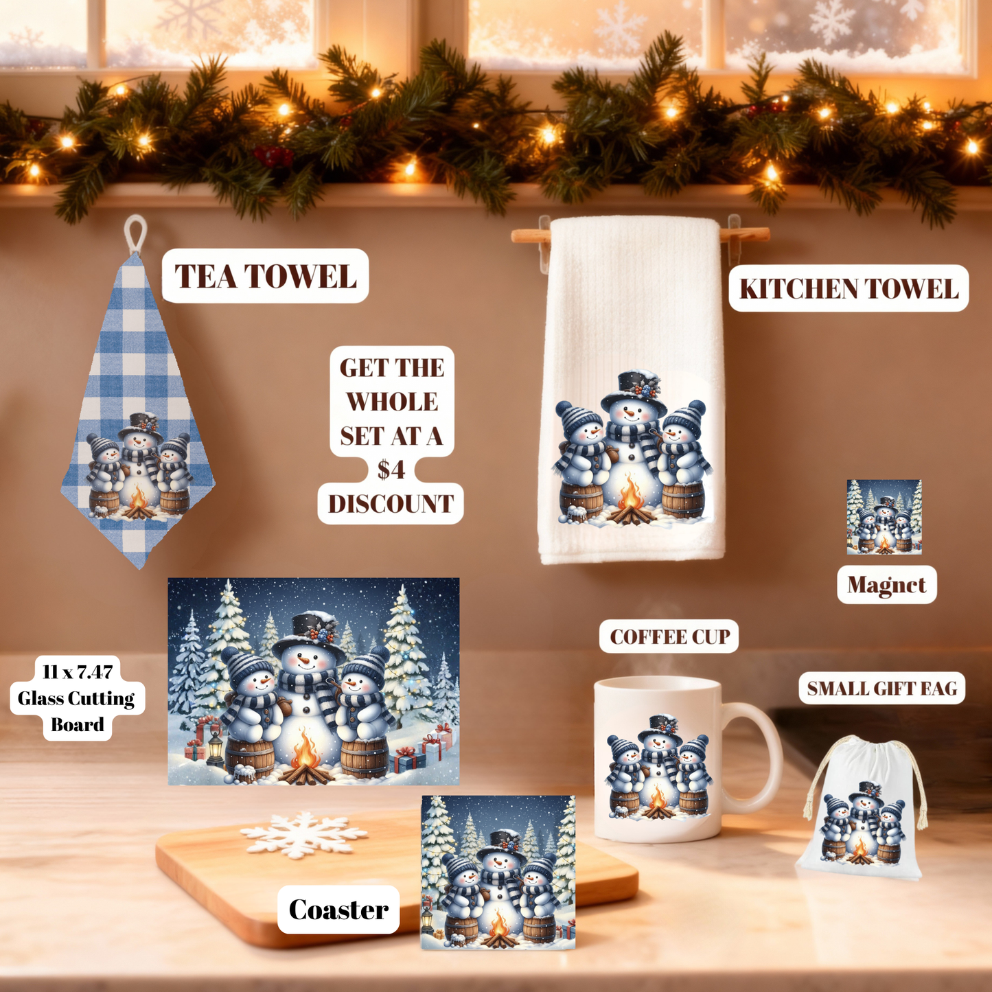 Frosty Friends Holiday Glass Cutting Board Set – 11x7.87 & 8x8 (Square or Round) + Matching Coaster Set of 4