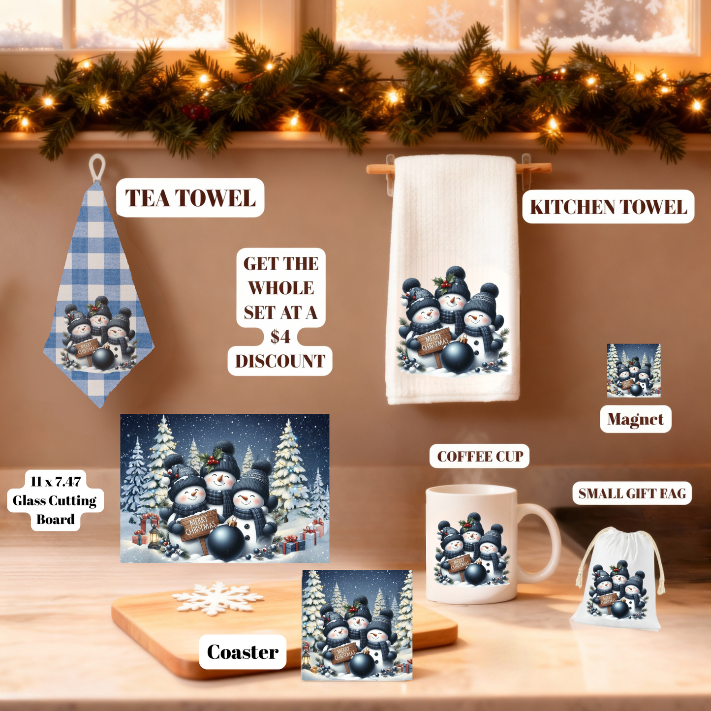 Frosty Friends Holiday Glass Cutting Board Set – 11x7.87 & 8x8 (Square or Round) + Matching Coaster Set of 4