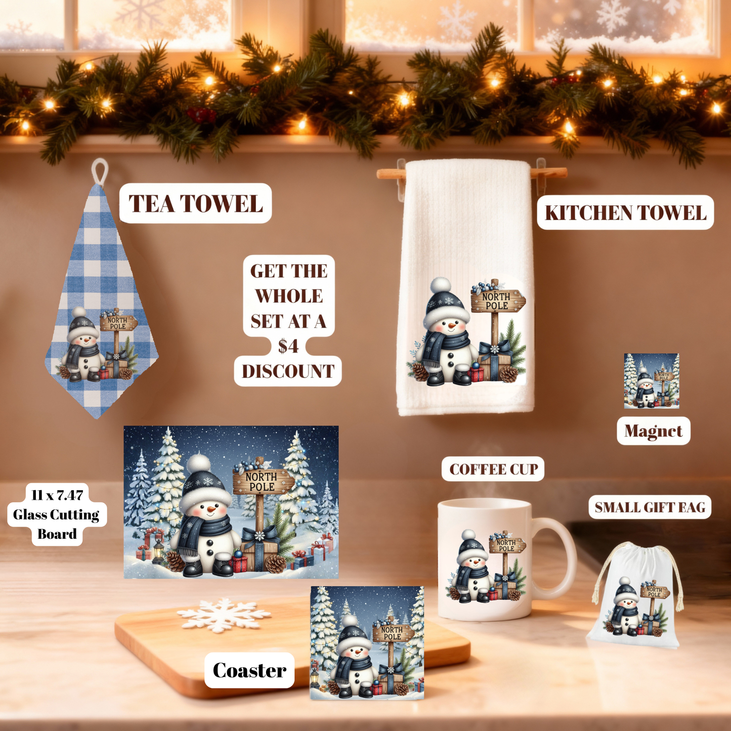 Frosty Friends Holiday Glass Cutting Board Set – 11x7.87 & 8x8 (Square or Round) + Matching Coaster Set of 4