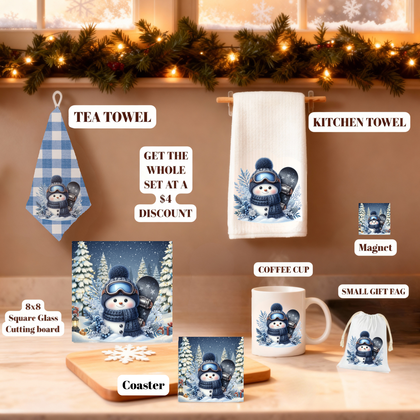Cozy Snowman Christmas Kitchen Gift Set – Towels, 8x8 Glass Board, Mug, Magnet, Gift Bag & Coaster Set of 4