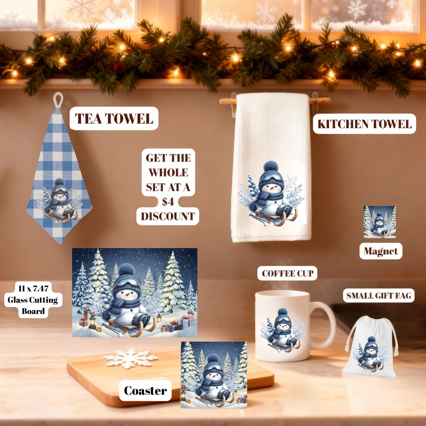 Frosty Friends Holiday Glass Cutting Board Set – 11x7.87 & 8x8 (Square or Round) + Matching Coaster Set of 4
