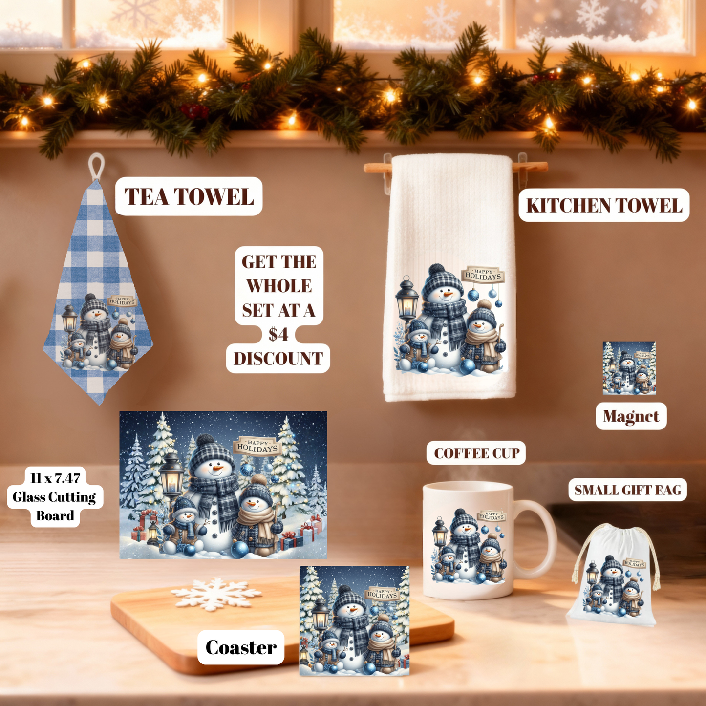 Frosty Friends Holiday Glass Cutting Board Set – 11x7.87 & 8x8 (Square or Round) + Matching Coaster Set of 4
