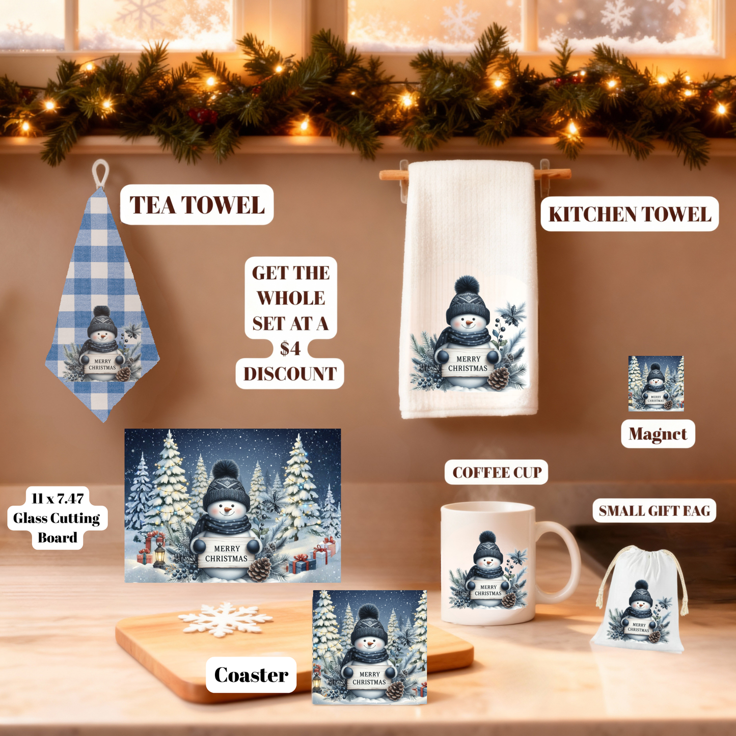 Frosty Friends Holiday Glass Cutting Board Set – 11x7.87 & 8x8 (Square or Round) + Matching Coaster Set of 4
