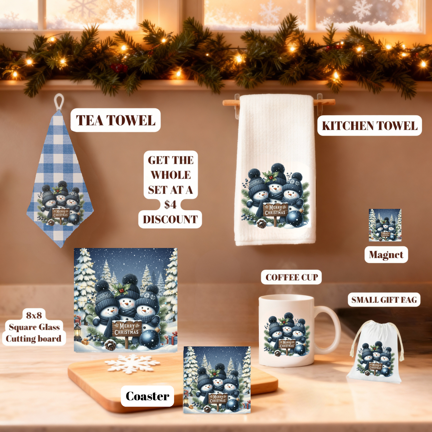 Cozy Snowman Christmas Kitchen Gift Set – Towels, 8x8 Glass Board, Mug, Magnet, Gift Bag & Coaster Set of 4