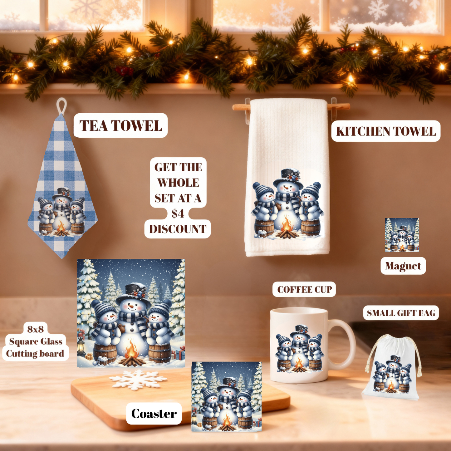 Cozy Snowman Christmas Kitchen Gift Set – Towels, 8x8 Glass Board, Mug, Magnet, Gift Bag & Coaster Set of 4