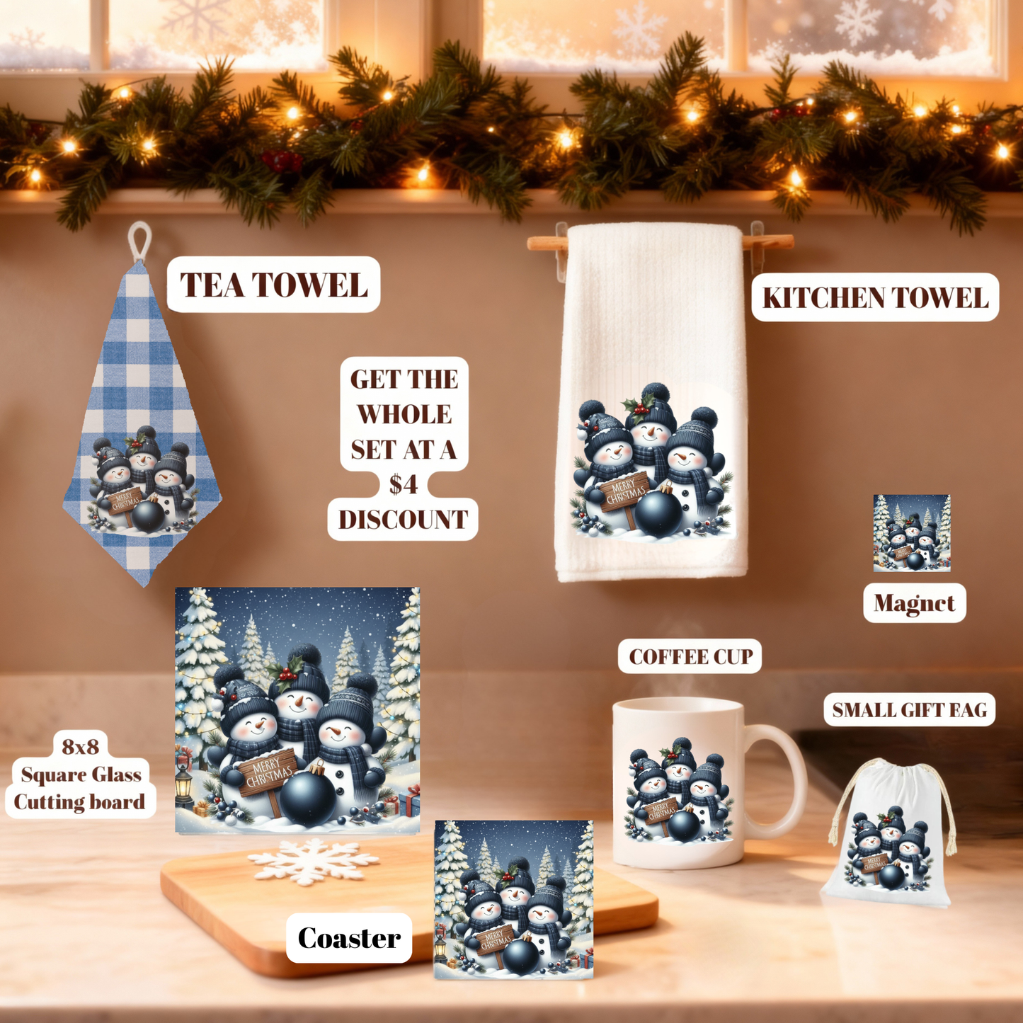 Cozy Snowman Christmas Kitchen Gift Set – Towels, 8x8 Glass Board, Mug, Magnet, Gift Bag & Coaster Set of 4