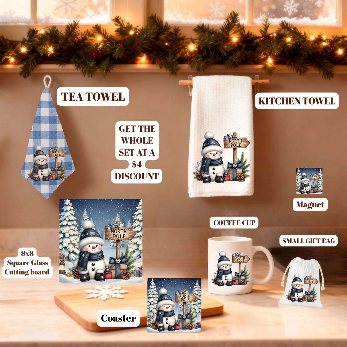 Cozy Snowman Christmas Kitchen Gift Set – Towels, 8x8 Glass Board, Mug, Magnet, Gift Bag & Coaster Set of 4