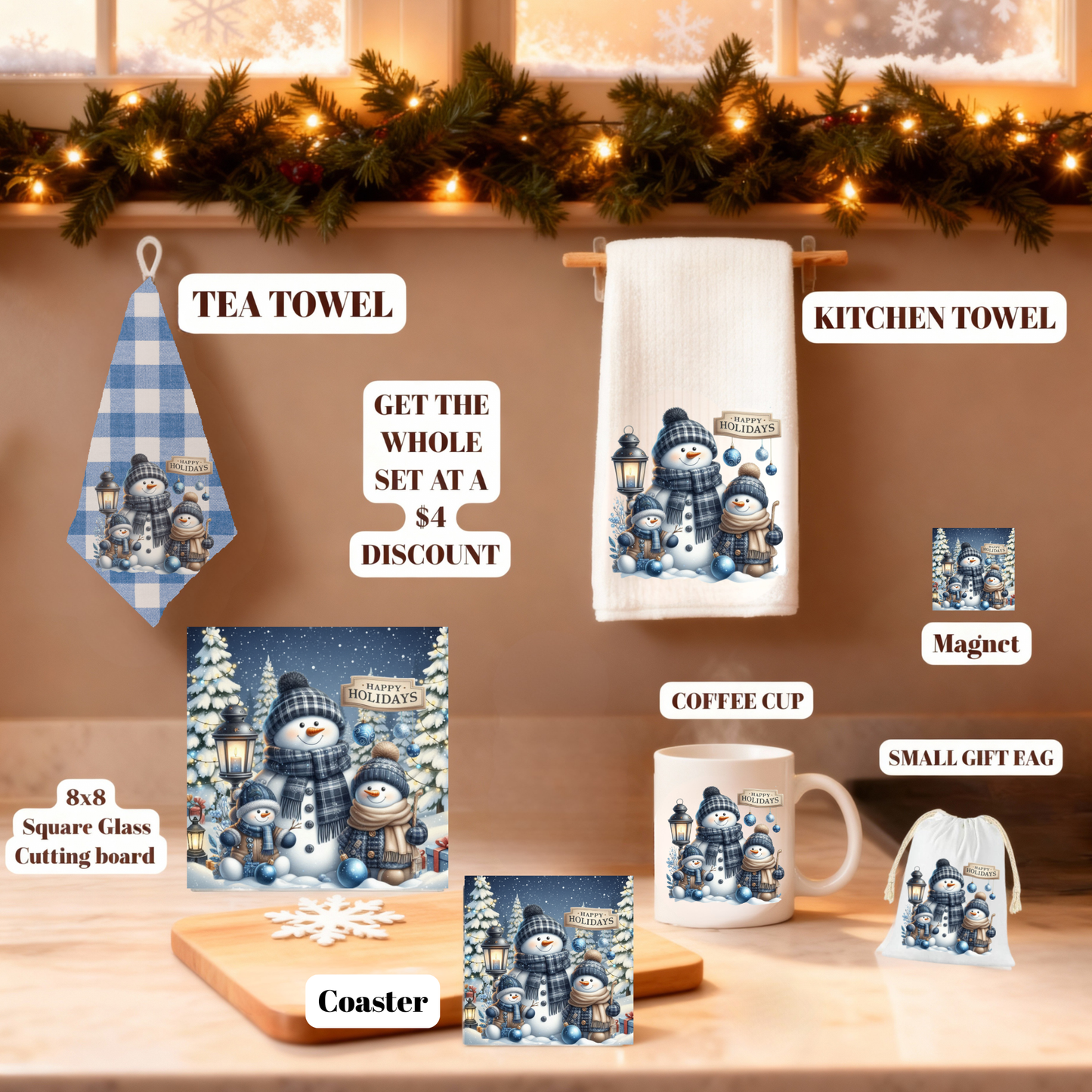 Cozy Snowman Christmas Kitchen Gift Set – Towels, 8x8 Glass Board, Mug, Magnet, Gift Bag & Coaster Set of 4