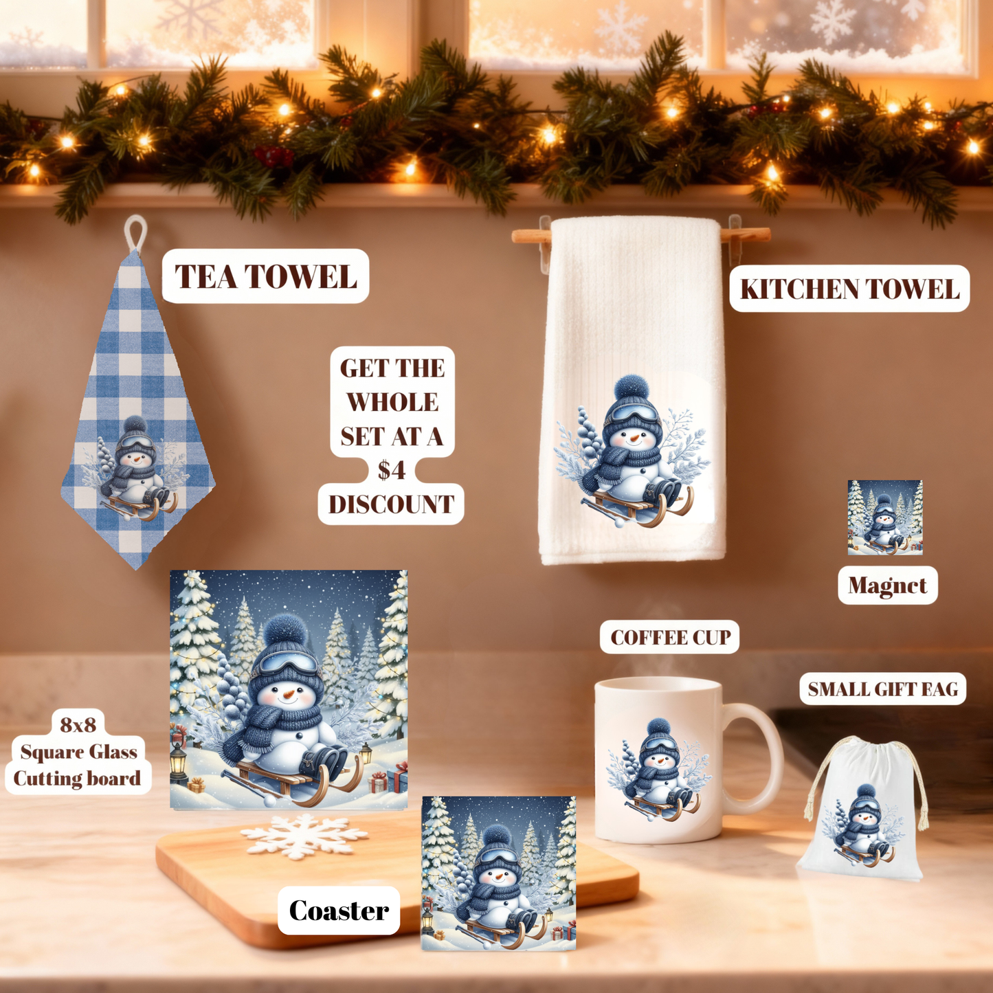 Cozy Snowman Christmas Kitchen Gift Set – Towels, 8x8 Glass Board, Mug, Magnet, Gift Bag & Coaster Set of 4