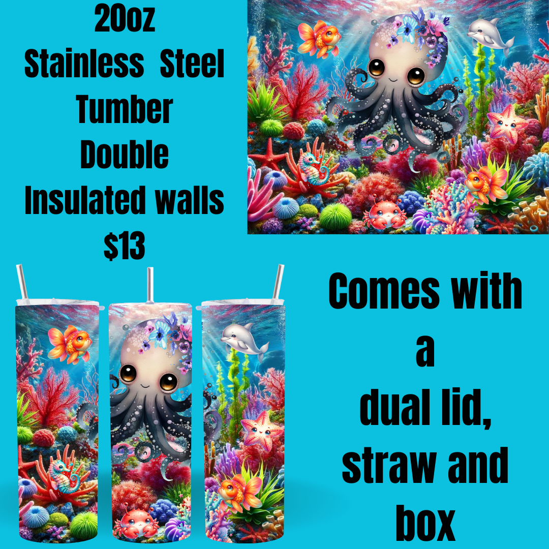 Cute Octopus Stainless Steel Tumblers with Dual Lid - 20oz