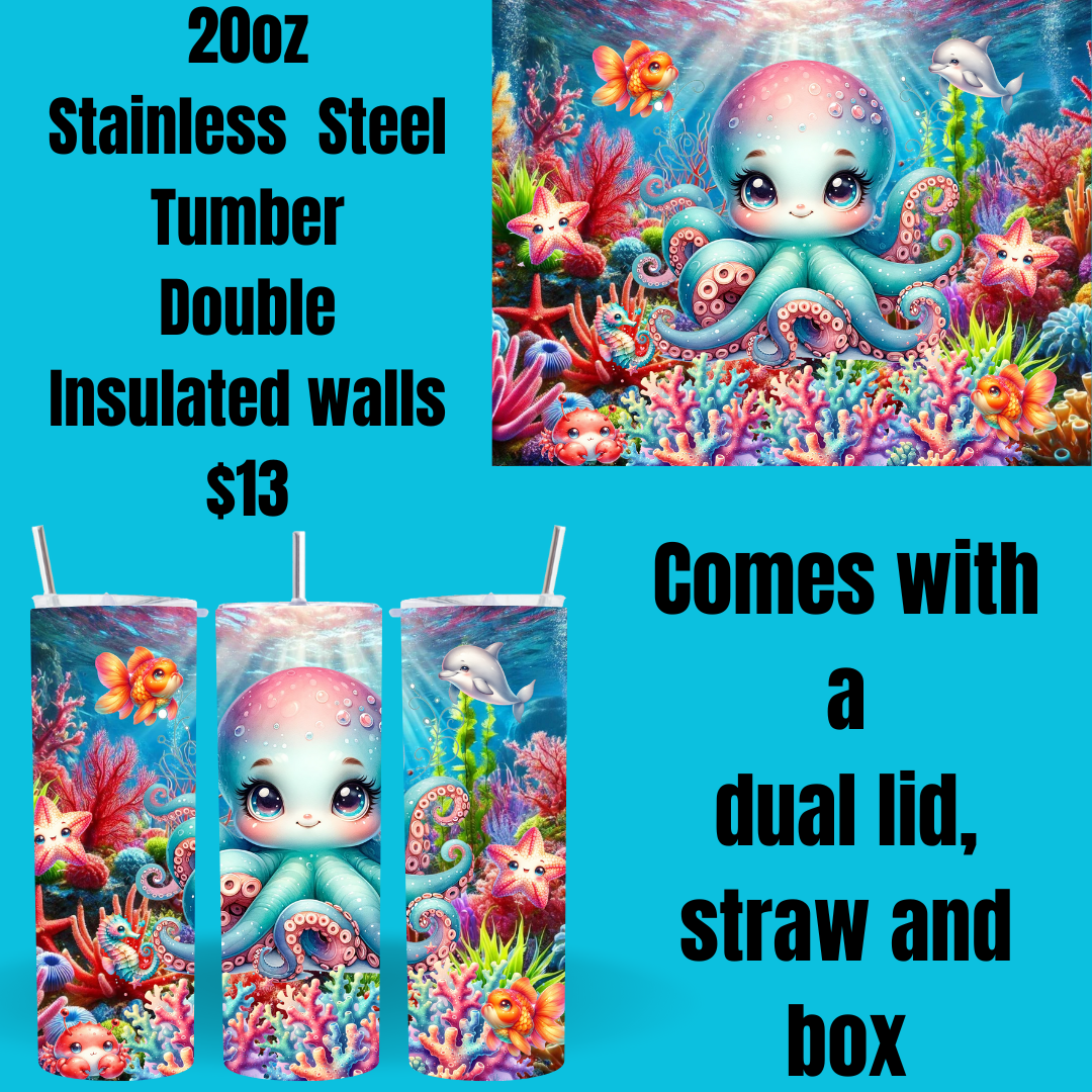 Cute Octopus Stainless Steel Tumblers with Dual Lid - 20oz