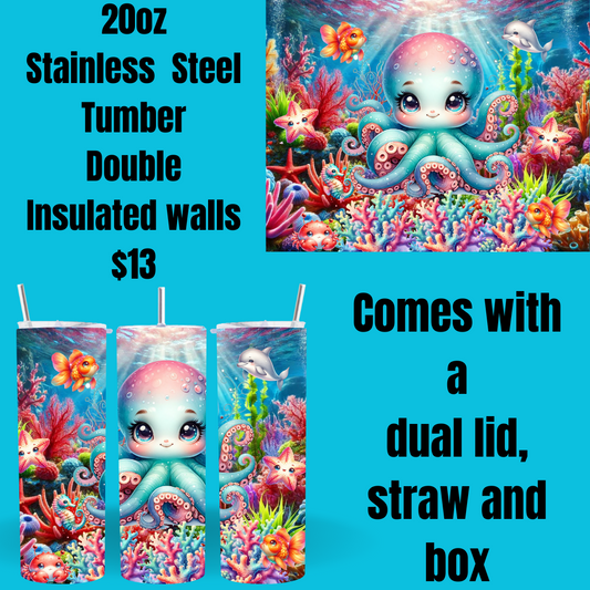 Cute Octopus Stainless Steel Tumblers with Dual Lid - 20oz