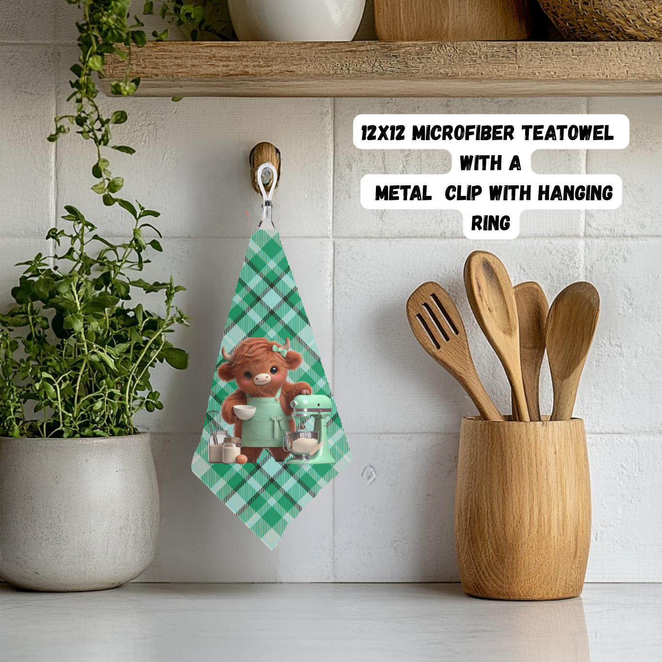 Highland Cow Kitchen Teatowel Collection – 12x12 Microfiber with Hanging Clip