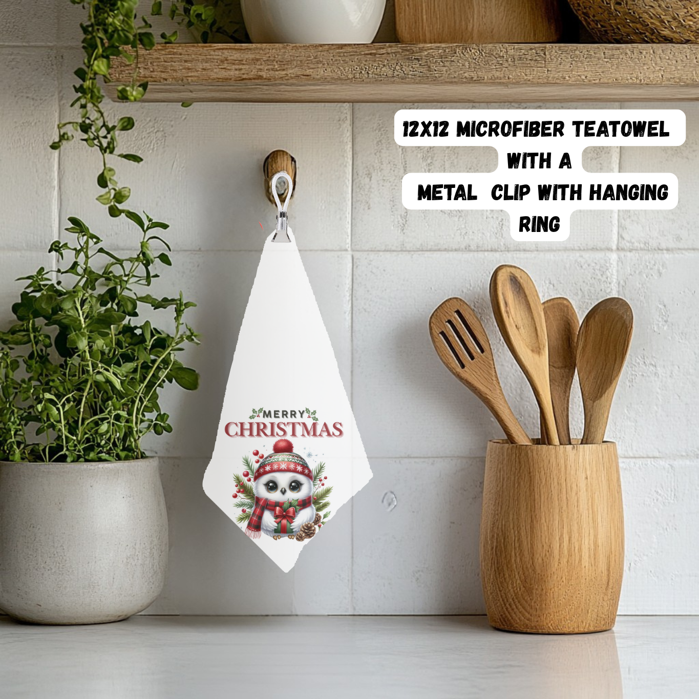 Merry Christmas Owl Clip-On Tea Towel – 12x12 Microfiber Holiday Collection