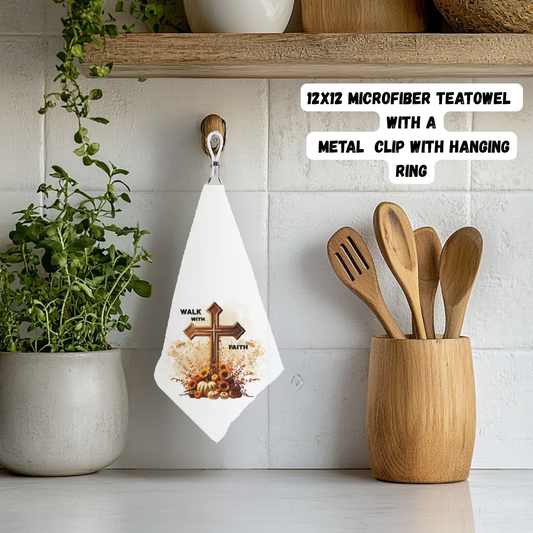 Walk With Faith Autumn Cross Tea Towel – 12×12 Microfiber with Hanging Clip