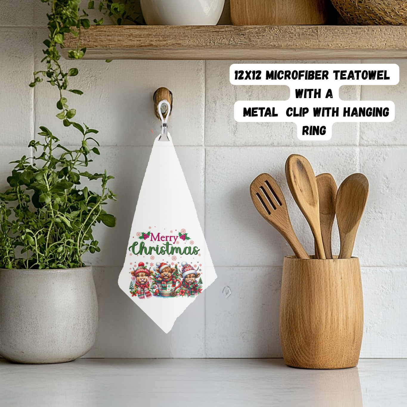 Merry Christmas Microfiber Tea Towel with Hanging Clip