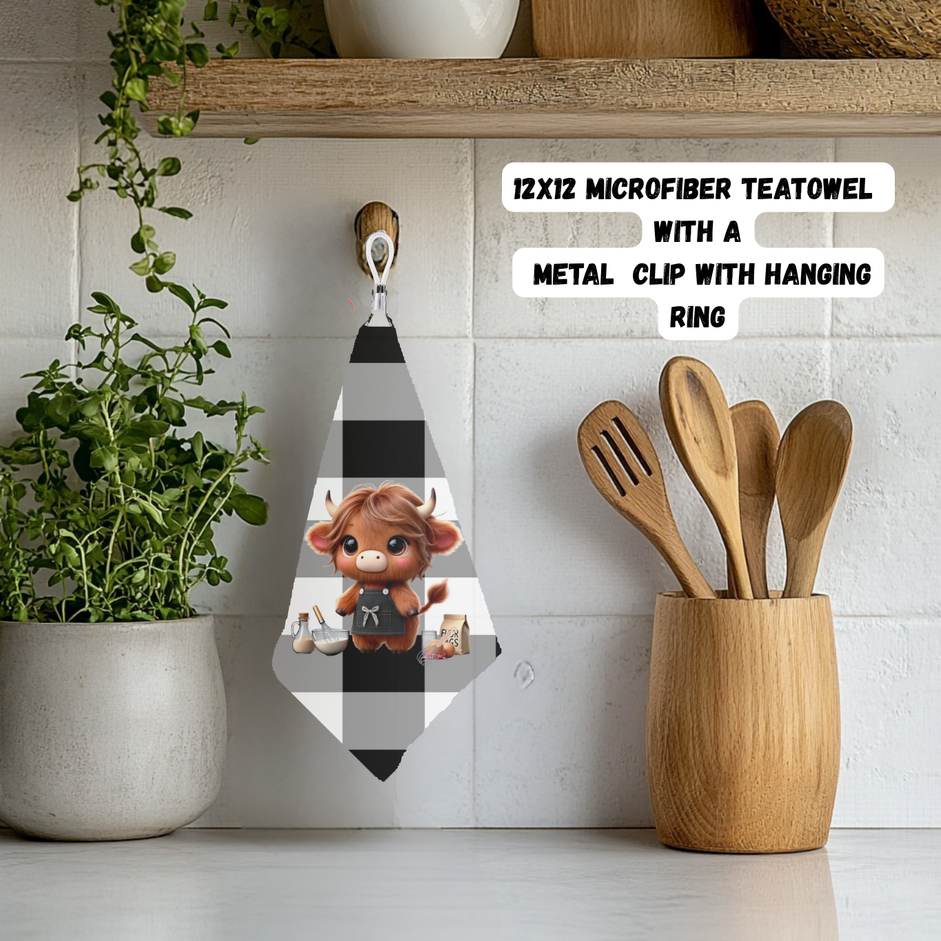 Highland Cow Kitchen Teatowel Collection – 12x12 Microfiber with Hanging Clip