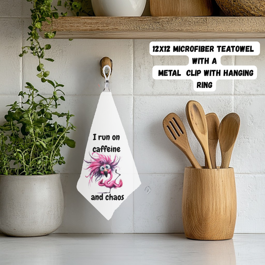 Caffeine & Chaos Flamingo Tea Towel – 12x12 Microfiber with Hanging Clip