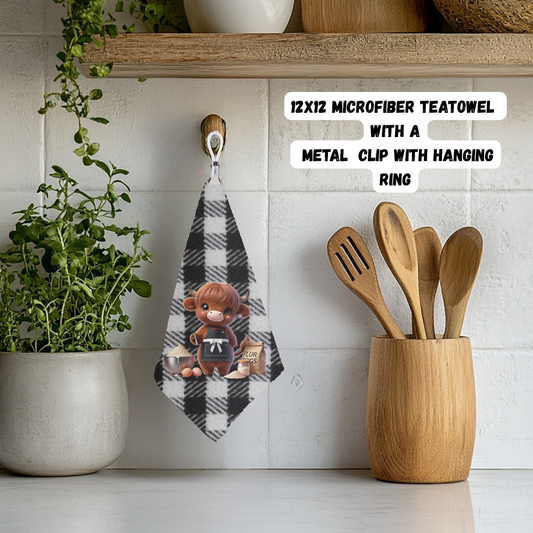Highland Cow Plaid Teatowel Collection – 12x12 Microfiber with Hanging Clip