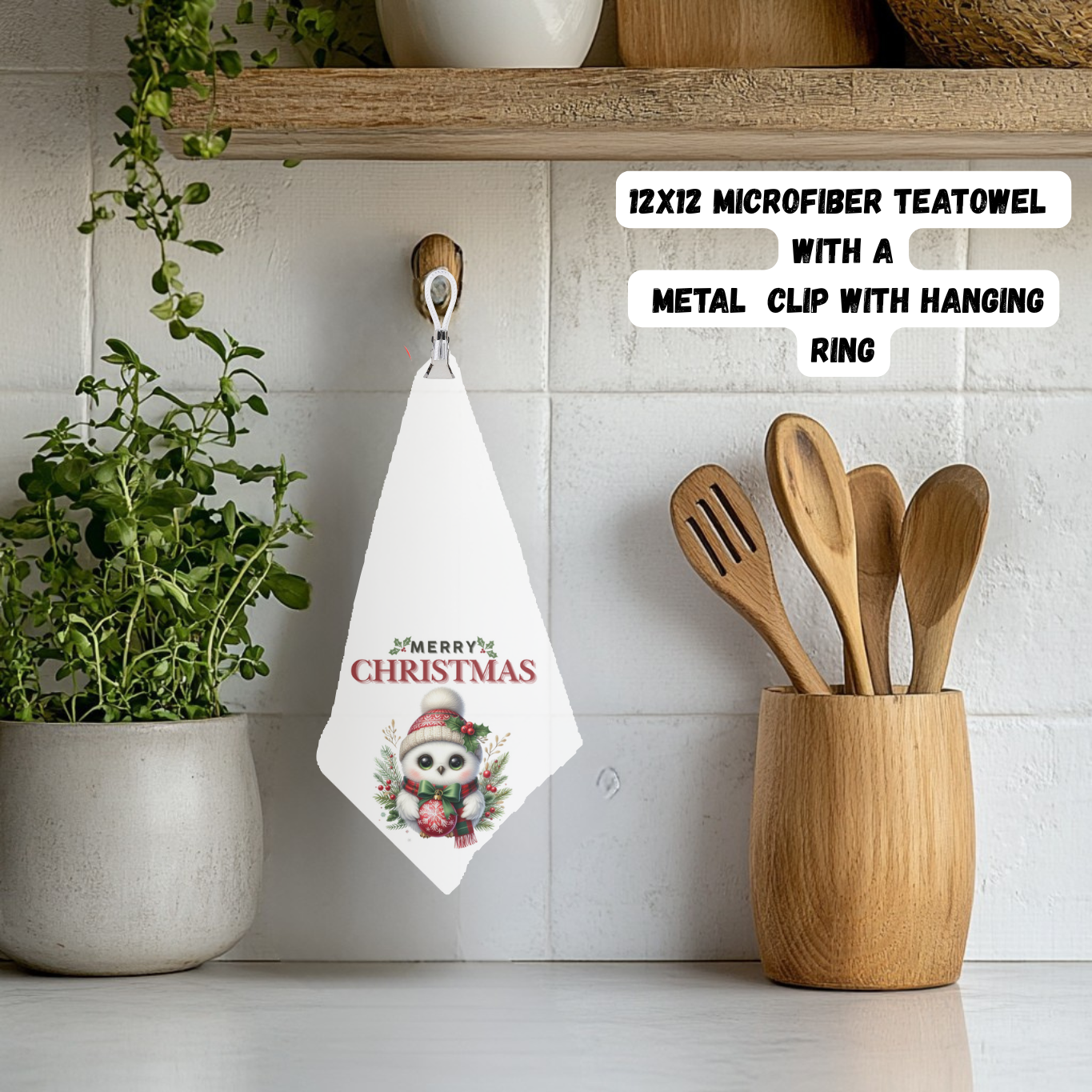 Merry Christmas Owl Clip-On Tea Towel – 12x12 Microfiber Holiday Collection
