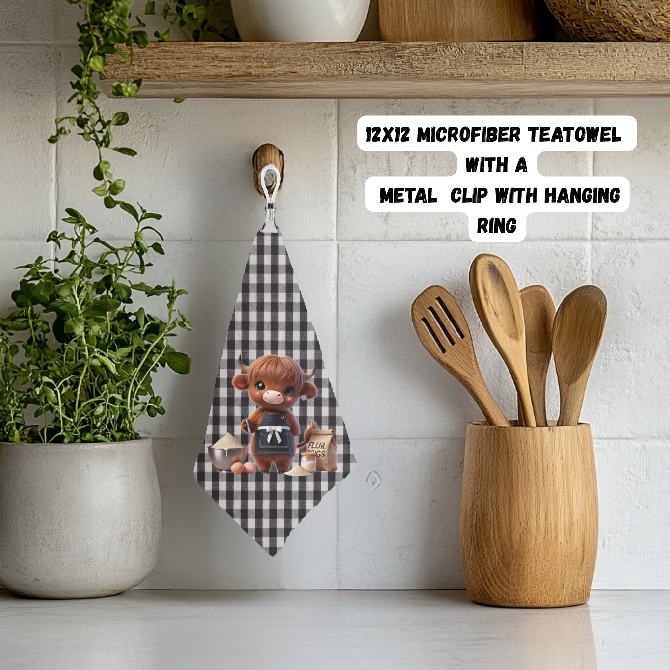 Highland Cow Plaid Teatowel Collection – 12x12 Microfiber with Hanging Clip