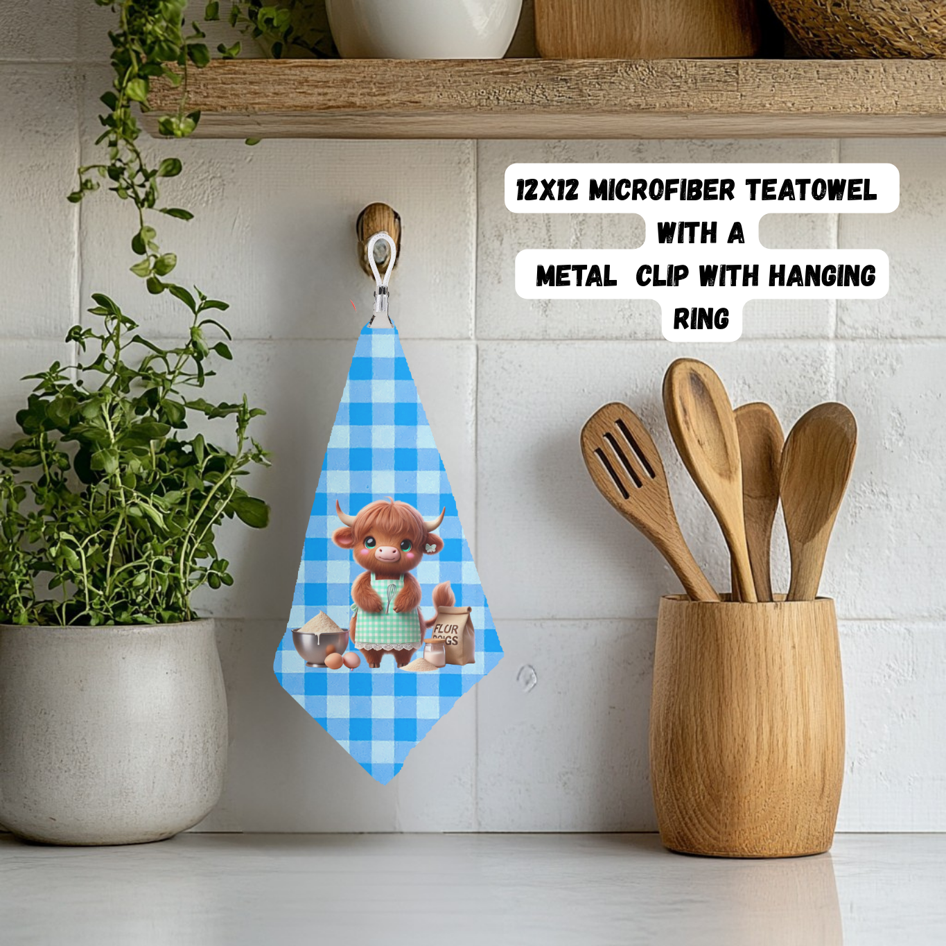 Highland Cow Plaid Teatowel Collection – 12x12 Microfiber with Hanging Clip