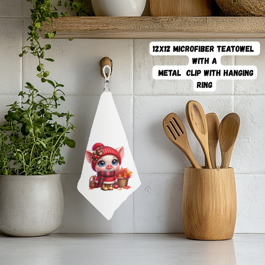 Cozy Piggy Autumn Teatowel Collection – 12x12 with Clip & Ring