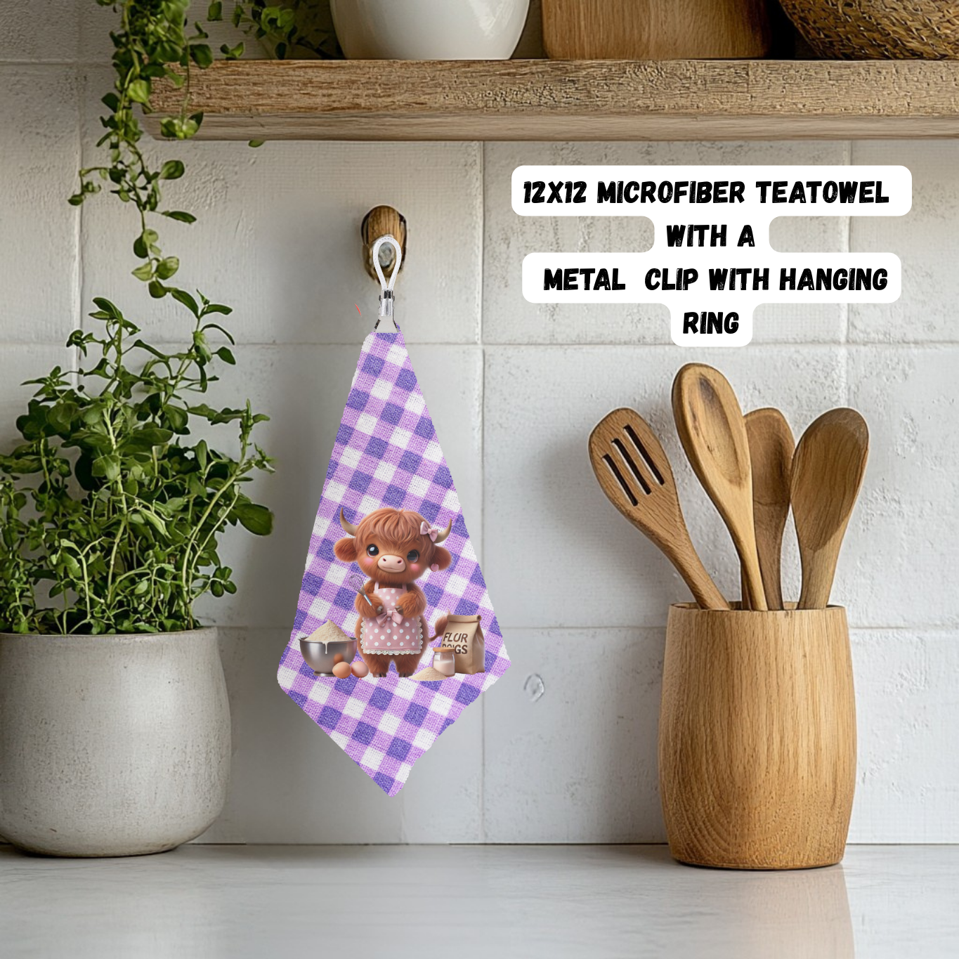 Highland Cow Plaid Teatowel Collection – 12x12 Microfiber with Hanging Clip