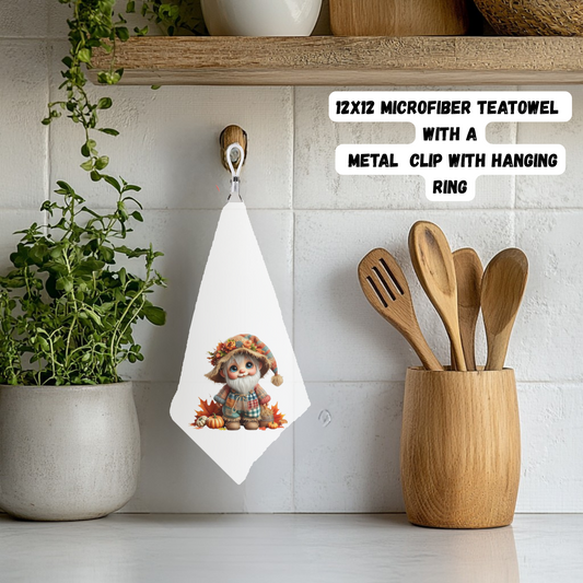 Autumn Gnome & Scarecrow Tea towel Collection – 12x12 Microfiber with Hanging Clip