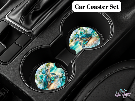 🌊 Aqua Serenity Sea Turtle Car Coaster Set – Ocean Breeze Floral Beach Design (2-Pack)