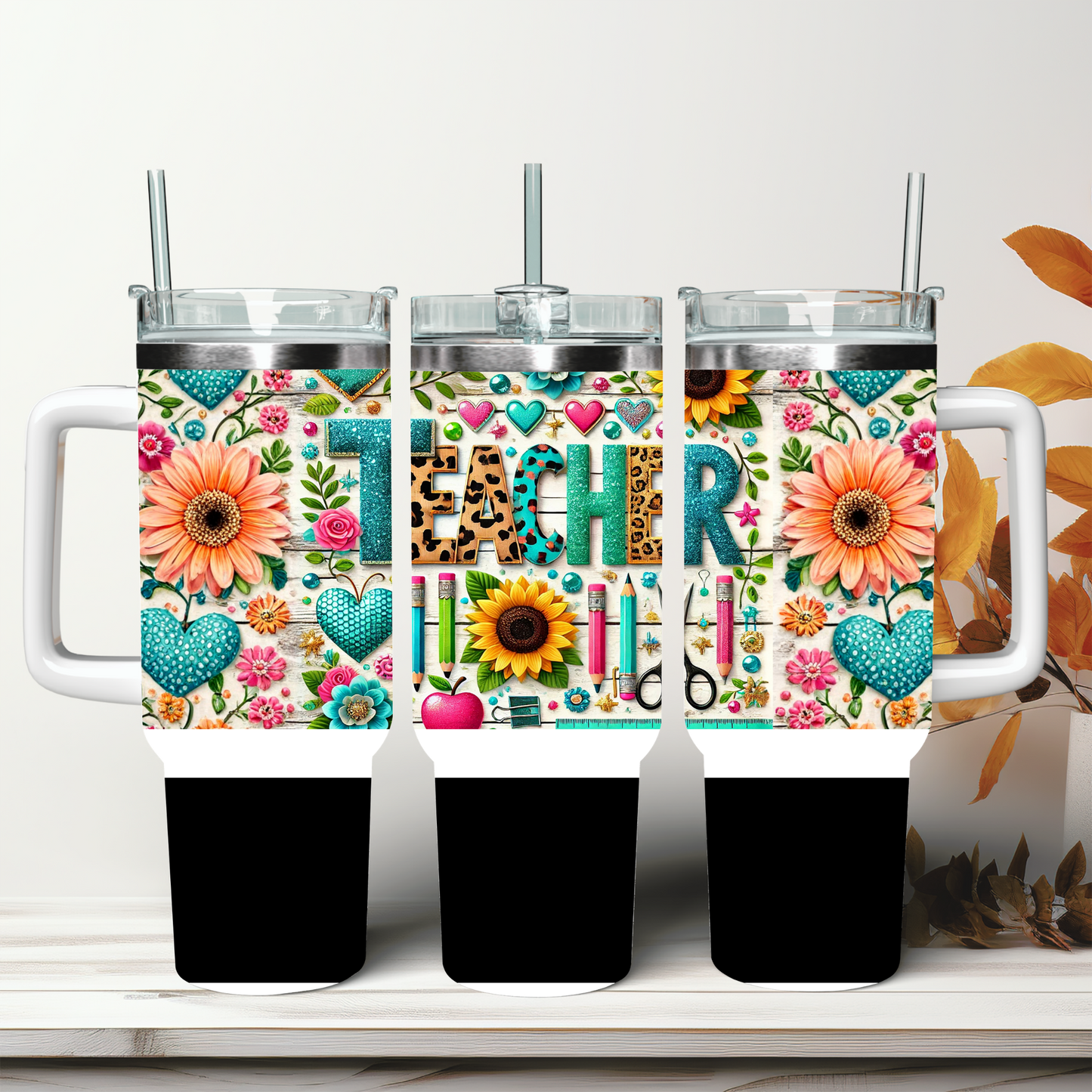 TeachCharm Floral Leopard Teacher 30oz Handled Stainless Steel Tumbler