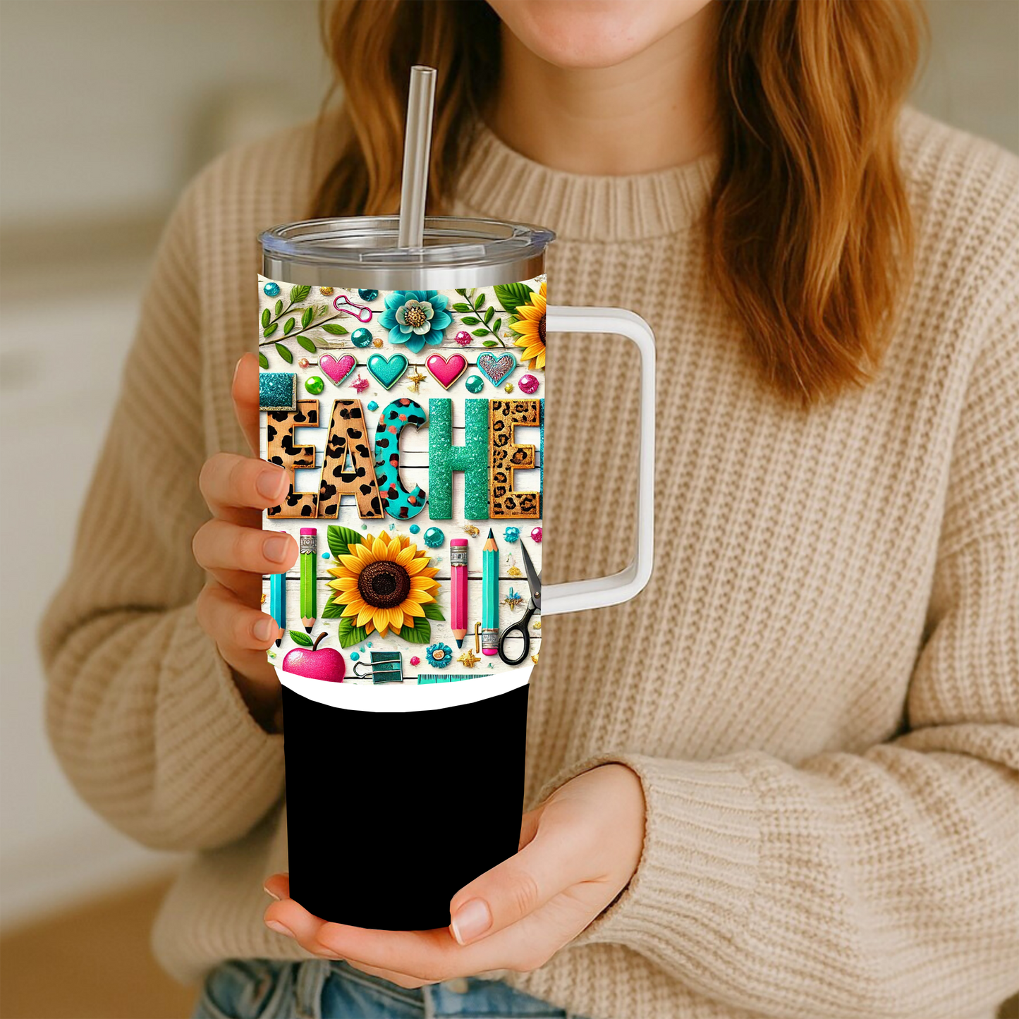 TeachCharm Floral Leopard Teacher 30oz Handled Stainless Steel Tumbler