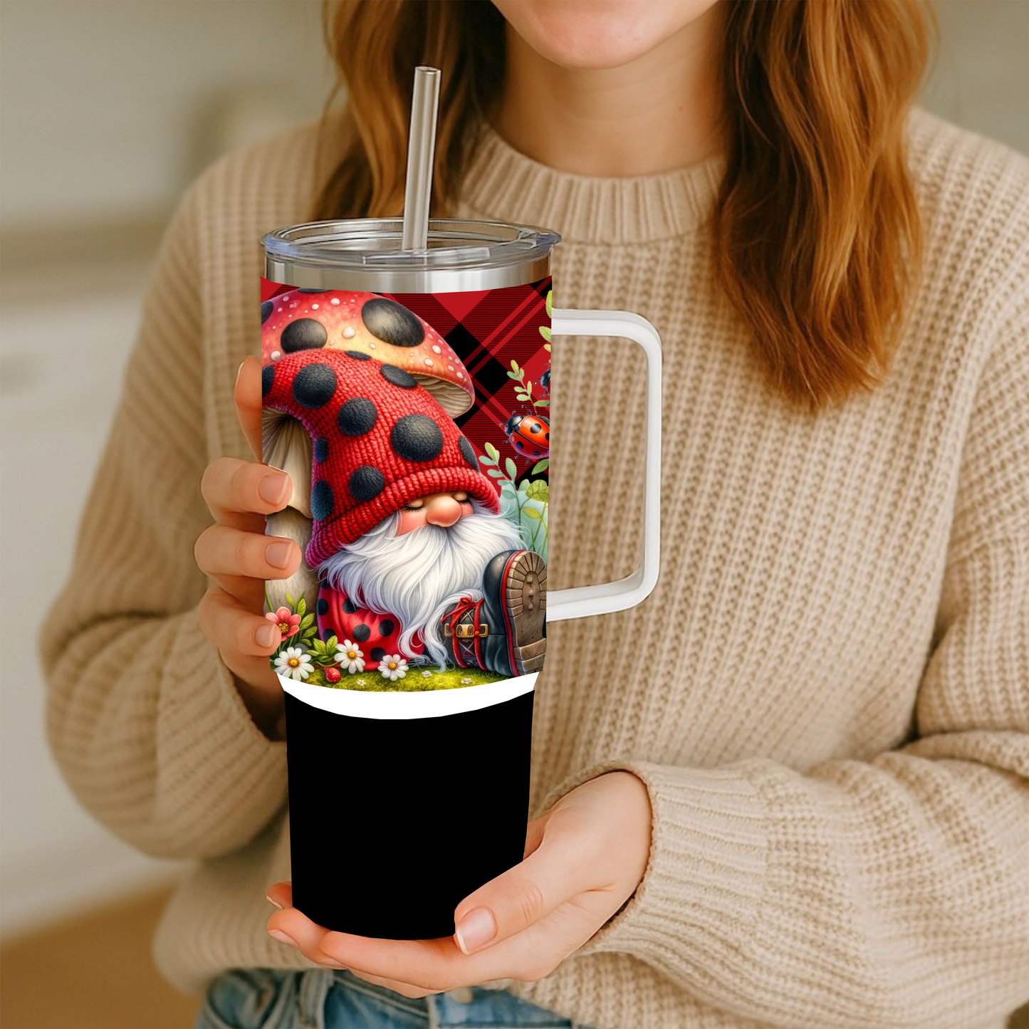 Ladybug Mushroom Gnome 30oz Handled Stainless Steel Tumbler – Red Buffalo Plaid Insulated Travel Mug with Straw