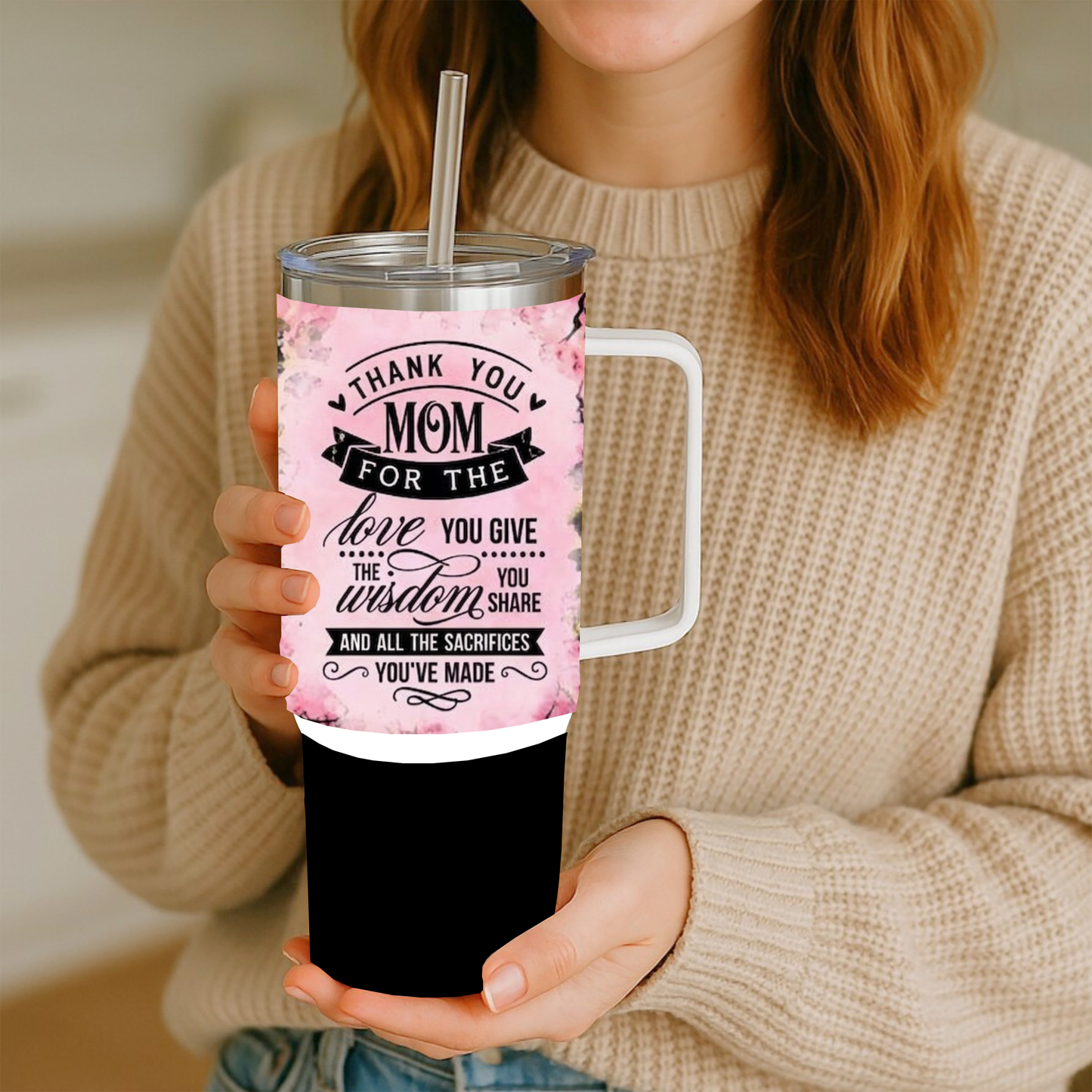 “Wild Love Mom 40oz Insulated Tumbler with Handle – Leopard Watercolor Edition”