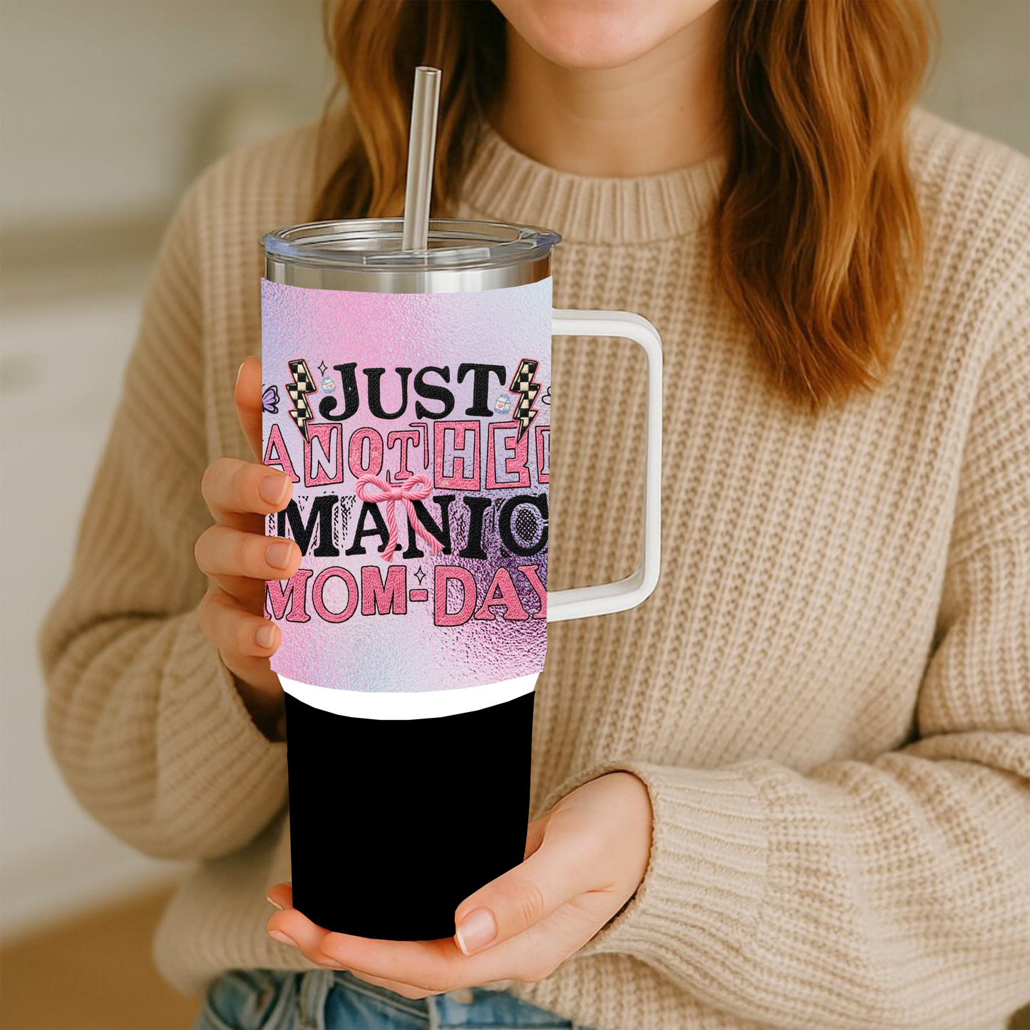 Just Another Manic Mom-Day 40oz Stainless Steel Insulated Tumbler with Handle & Straw – Pink Bow Glitter Design