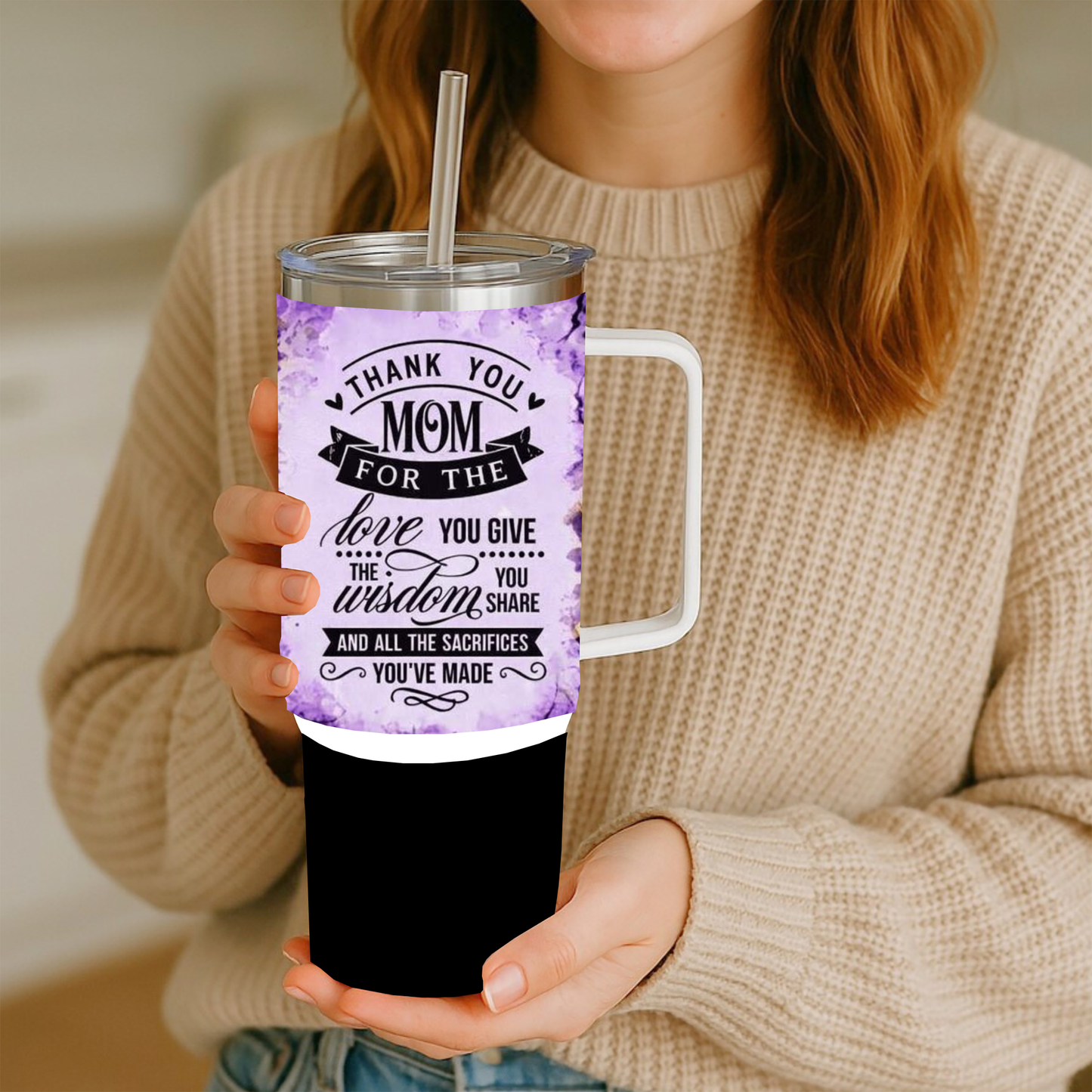 “Wild Love Mom 40oz Insulated Tumbler with Handle – Leopard Watercolor Edition”