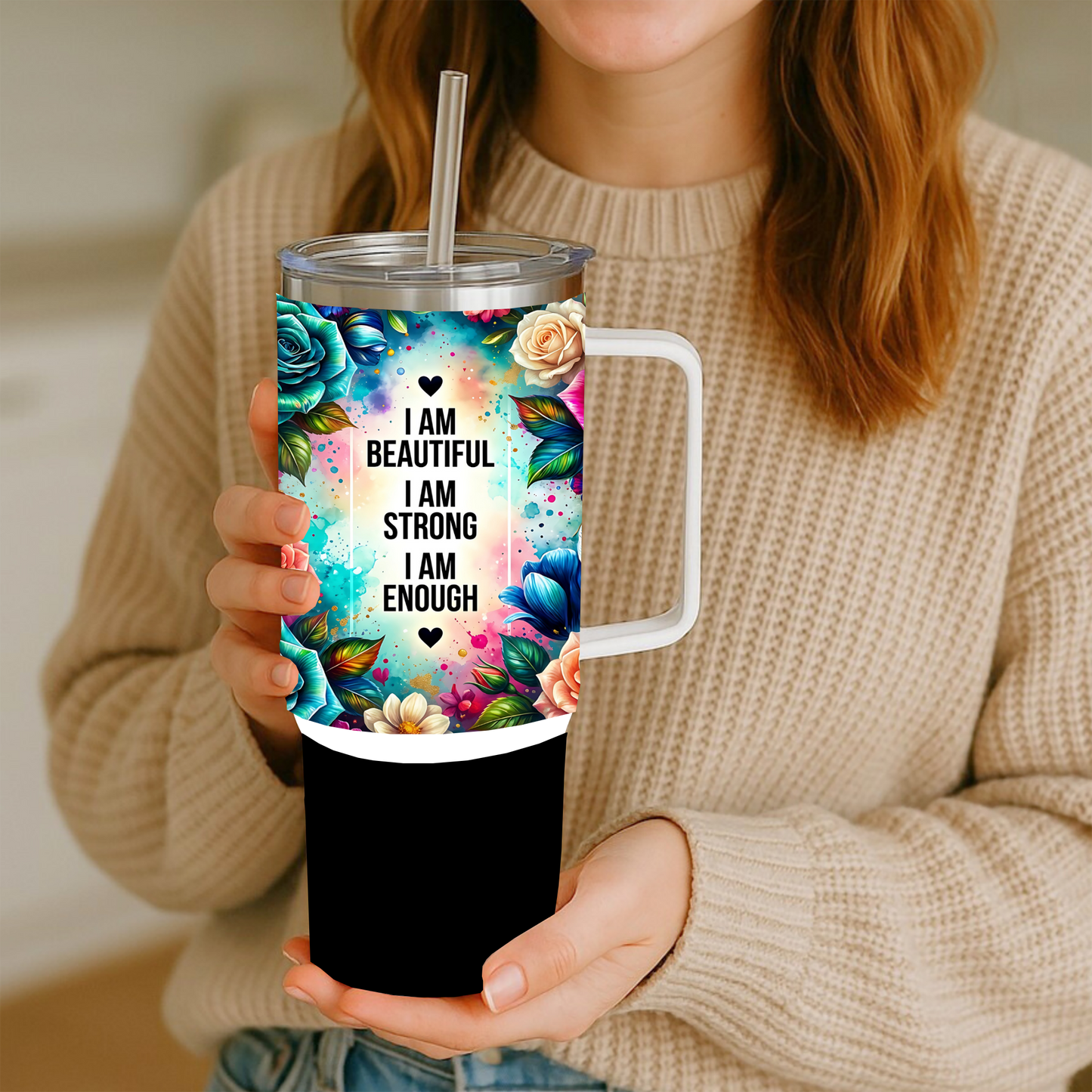 PowerBloom Affirmation Floral 40oz Handled Stainless Steel Tumbler