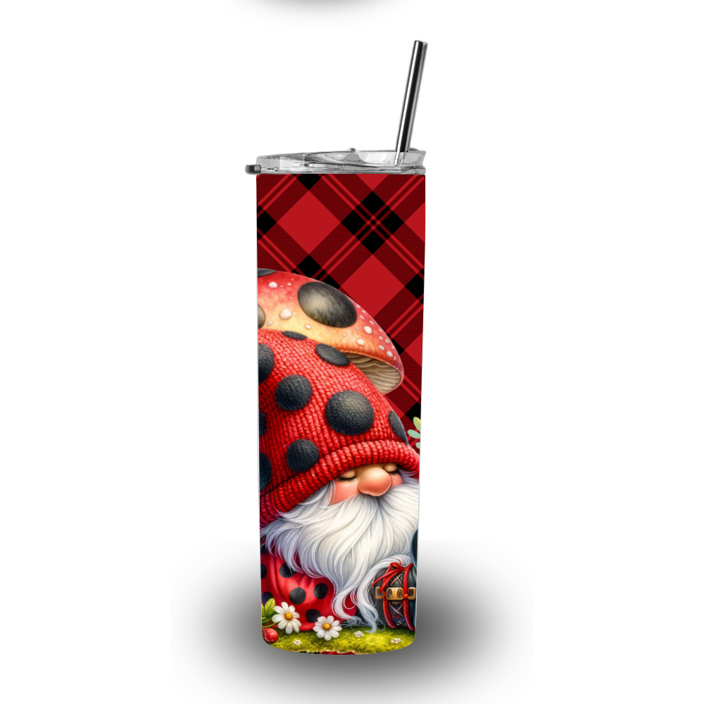 Ladybug Mushroom Gnome 30oz Stainless Steel Tumbler – Red Buffalo Plaid Woodland Drinkware