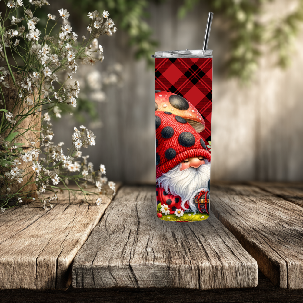 Ladybug Gnome Plaid 20oz Stainless Steel Tumbler – Red Buffalo Check Woodland Drinkware
