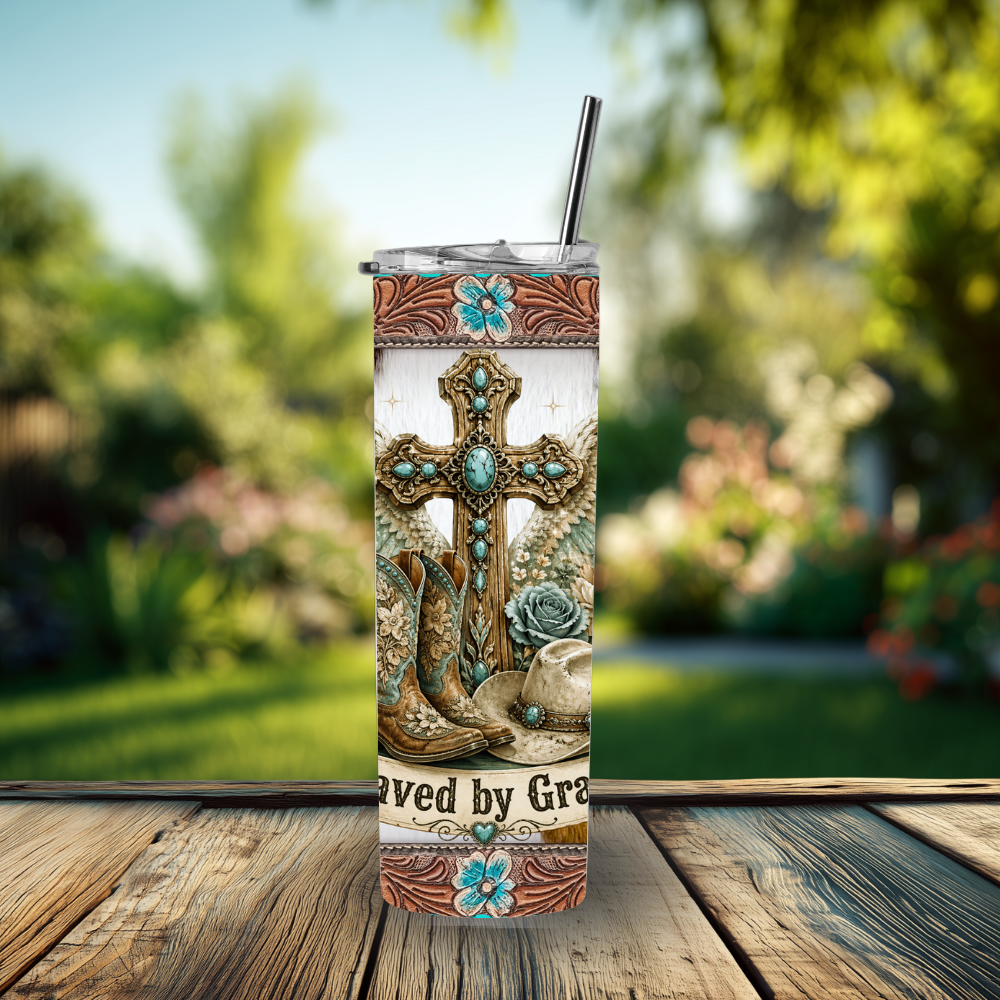 Saved by Grace Western Tumbler – 30 oz Stainless Steel
