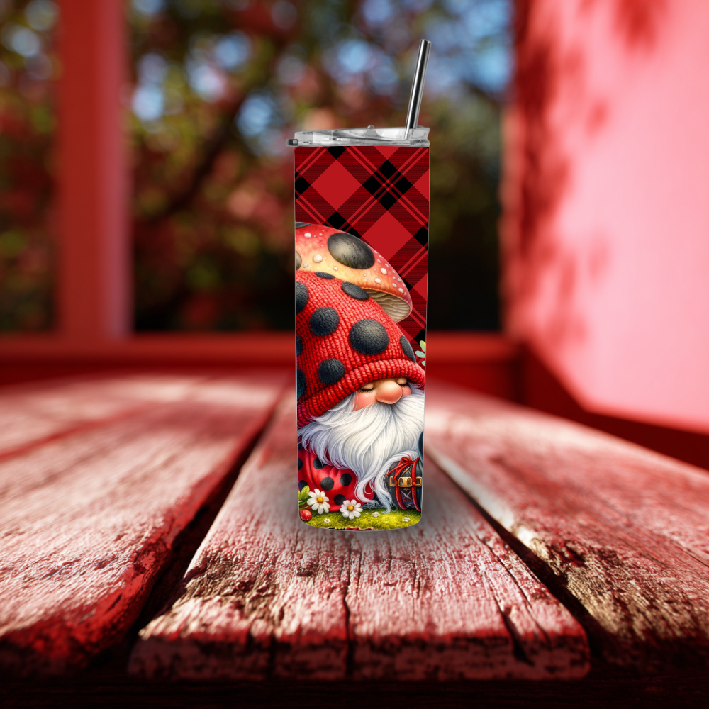 Ladybug Gnome Plaid 20oz Stainless Steel Tumbler – Red Buffalo Check Woodland Drinkware