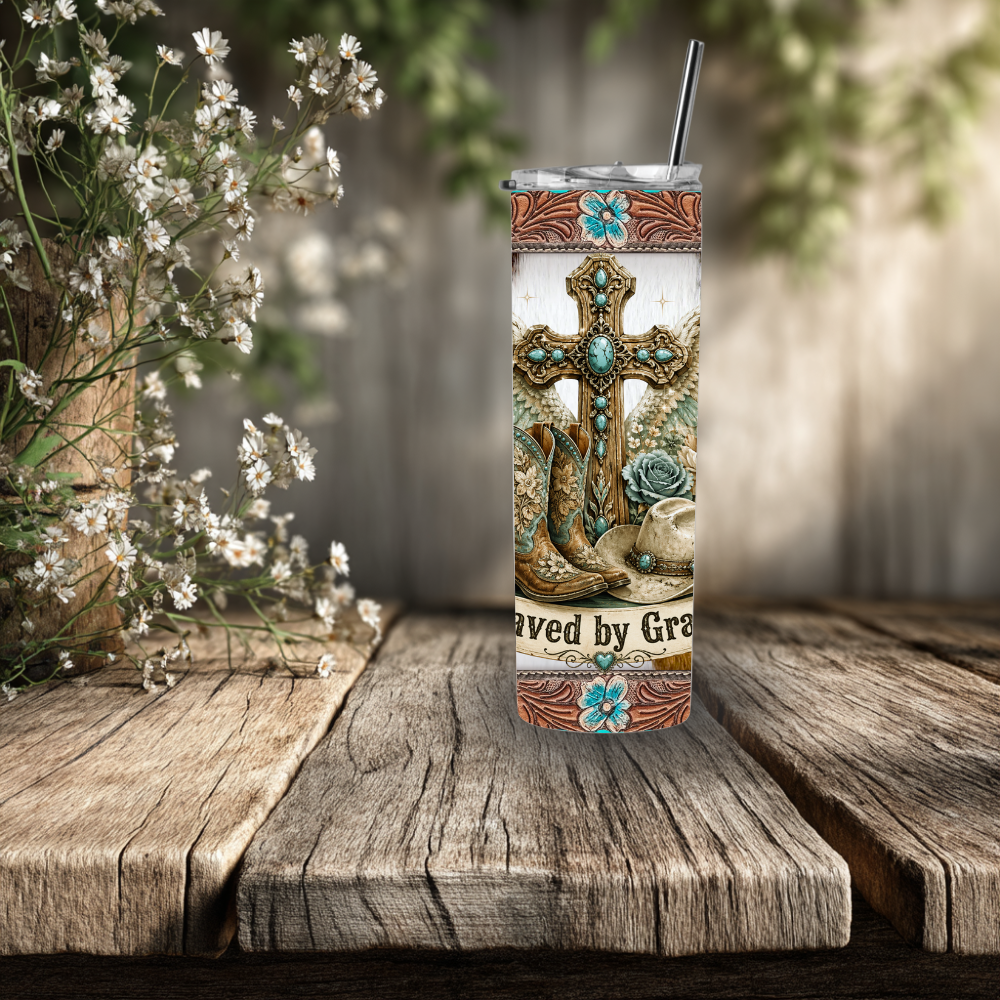 Saved by Grace Western Tumbler – 20 oz Stainless Steel