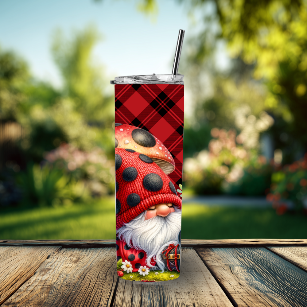 Ladybug Mushroom Gnome 30oz Stainless Steel Tumbler – Red Buffalo Plaid Woodland Drinkware