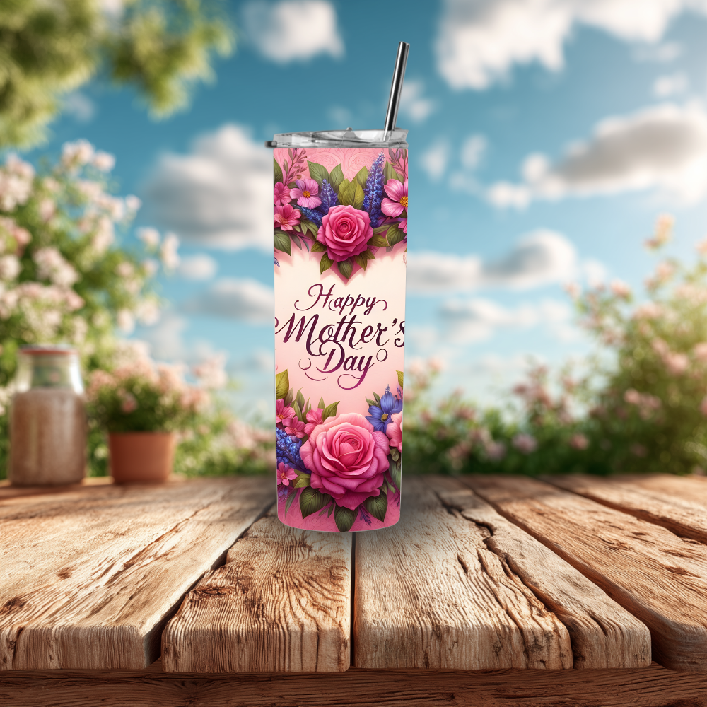 Happy Mother’s Day Rose Floral 20oz Stainless Steel Tumbler with Lid & Straw