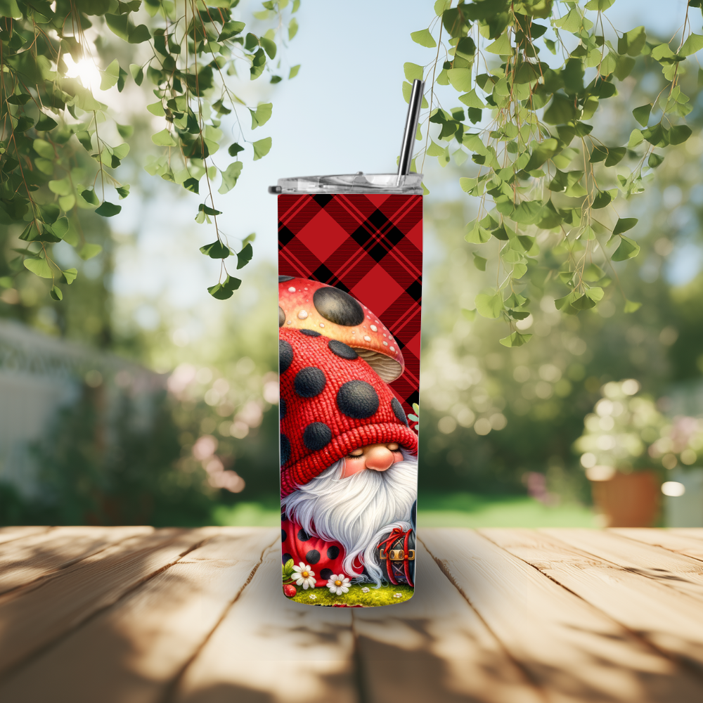 Ladybug Mushroom Gnome 30oz Stainless Steel Tumbler – Red Buffalo Plaid Woodland Drinkware