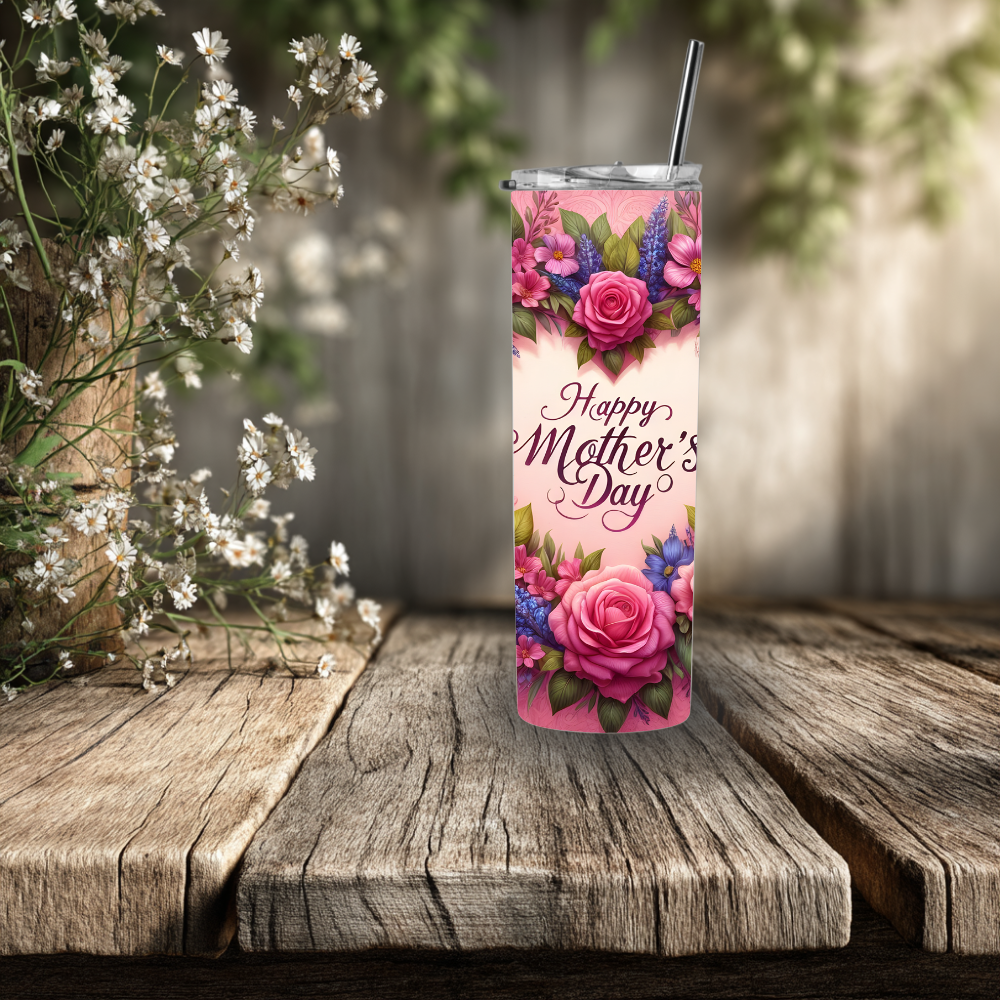 Happy Mother’s Day Pink Floral 30oz Stainless Steel Tumbler with Lid & Straw